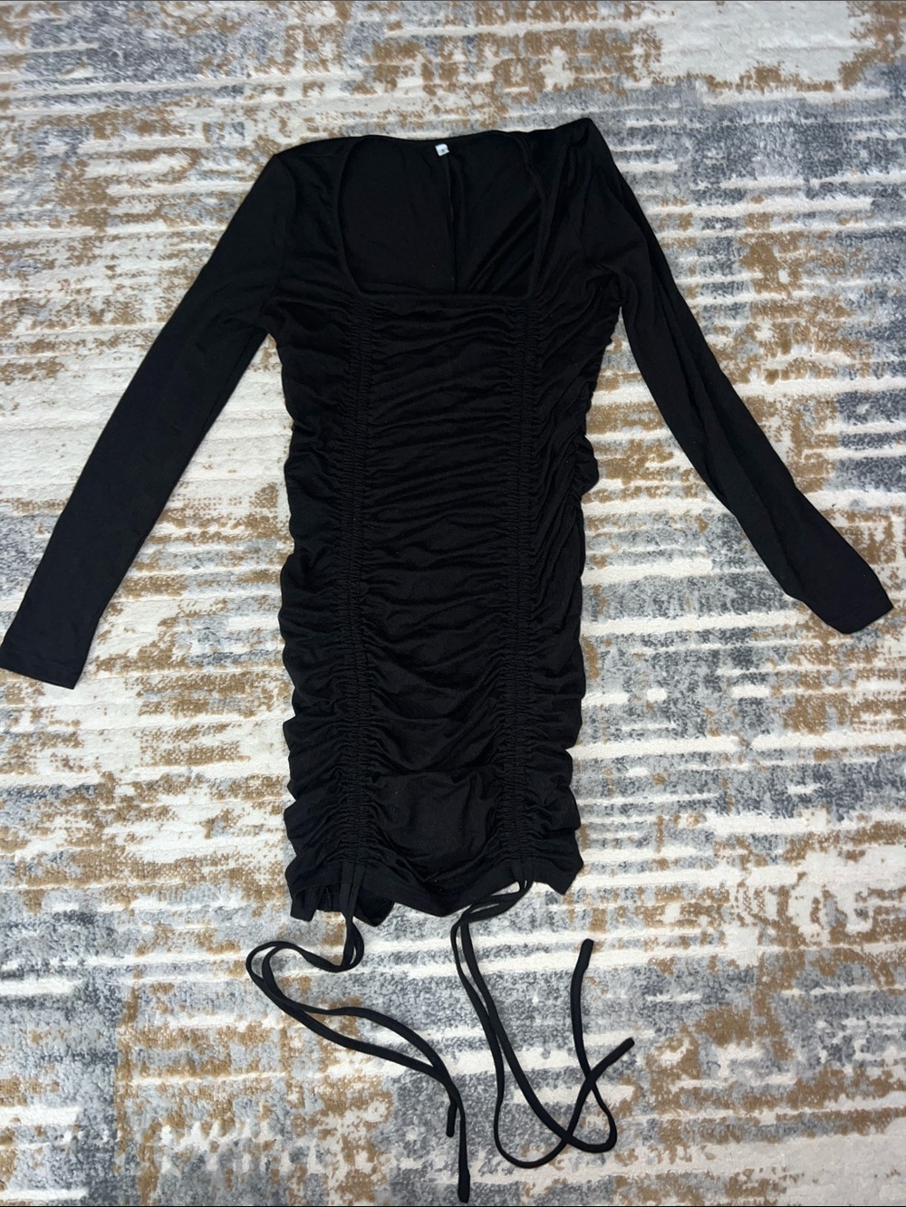 Black Ruched Long Sleeve Tie-Hem Bodycon Dress